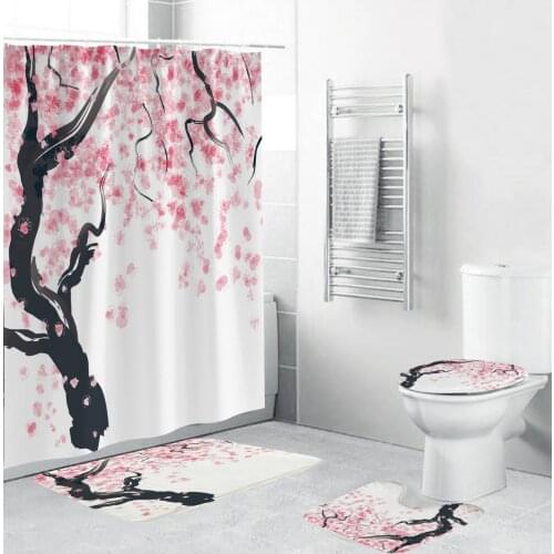Plum Blossom 3D HD Printed Fabric Shower Curtains Bathroom Curtain Set Flower Non-Slip Rugs Toilet Lid Cover and Bath Mat Carpet