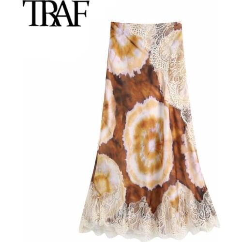 TRAF Women Chic Fashion With Lace Trims Print Midi Skirt Vintage High Waist Side Zipper Female Skirts Mujer