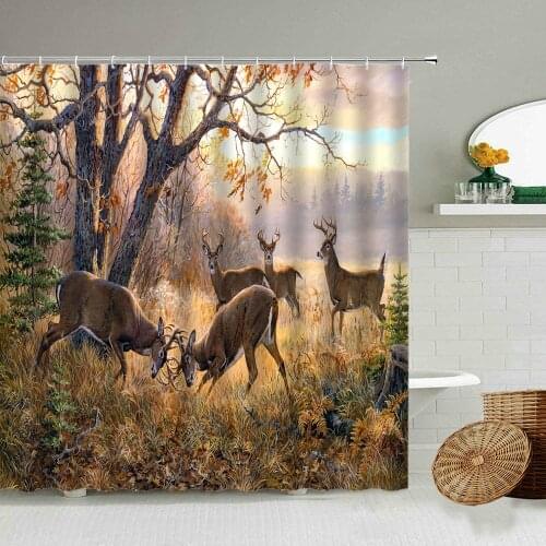 Elk Forest Scenery Shower Curtain Lion Deer Horse Wild Animal Autumn Oil Painting Landscape Bathroom Waterproof Screen Home Deco