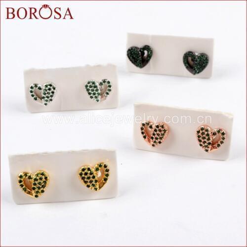 BOROSA New Drusy CZ Micro Pave Green Crystal Lovely Heart Earrings,15Pairs Fashion Studs Copper Women Earrings Jewelry WX917