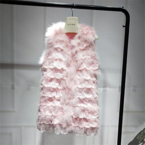 Womens Fur Vest of Real Ostrich Feather Female Jacket Clothing with Lace Fluffy Winter Outwear V98