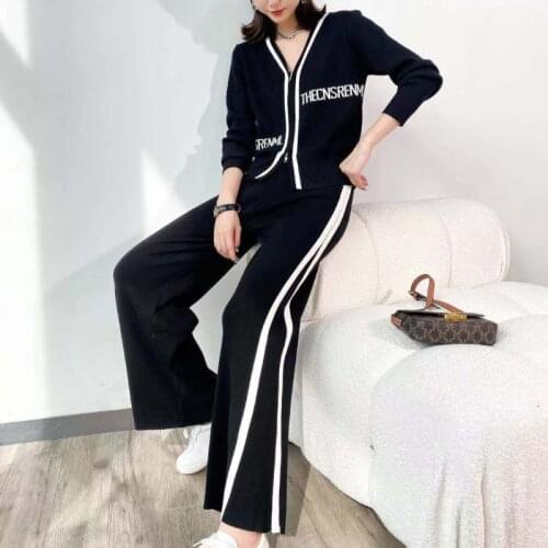 New Autumn Knitted Womens Suit Casual Letter Print Patchwork V-neck Cardigans + Striped Wide Leg Pants Two Piece Set Elegant