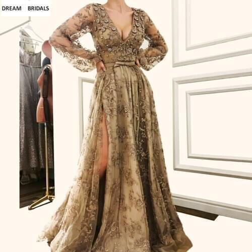 Muslim Long Sleeves Abiye Deep V-Neck Evening Dresses Long Sexy High Split Abendkleider 2019 Lace Beading Robe De Soiree