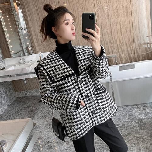 Heydress 2020 Women Plaid Tweed Short Coat Lady Korean pocket Woolen Jacket Outwear Female Turn Down Collar Short Coats