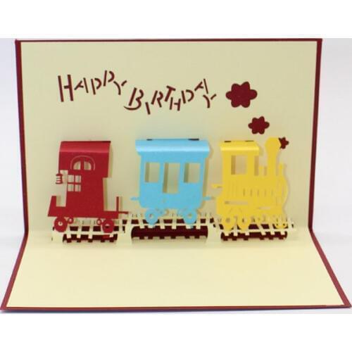 3D Laser Cut Handmade Colorful Little Happy Train Paper Invitation Greeting Cards with Envelope Kids Birthday Creative Gift