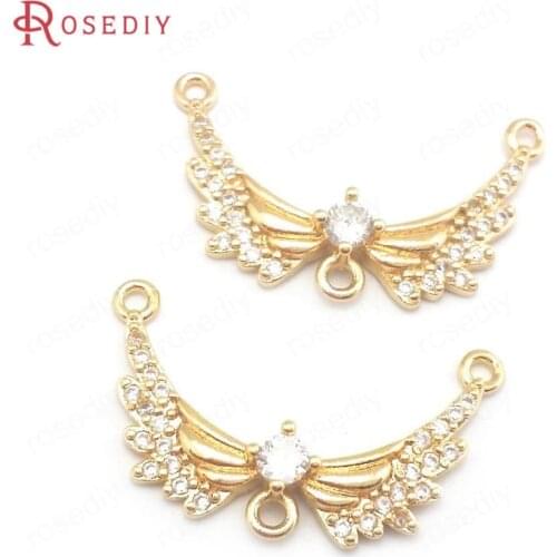40118)6PCS 24K Champagne Gold Color Brass and Zircon Wing Necklaces Connect Pendants Charms Connector Jewelry Making Supplies