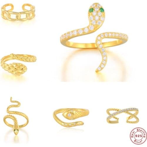 GS 925 Sterling Silver Green Zircon CZ Eyes Twisted Snake Opening Rings For Women Luxury Beads Chain Ring Rock Punk Jewelry