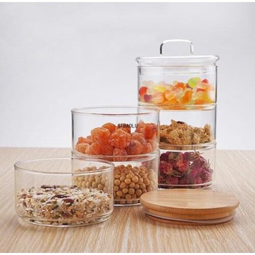 High Borosilicate Stackable Glass Storage Jars Tank Combination Bamboo Cover Classification Sealed Cans Kitchen Storage Bottle