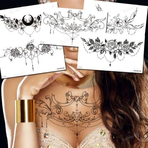 Body jewel sticker Big temporary tattoos black henna lace sternum tattoo chest waterdecal flowers rose peonies mandala pattern