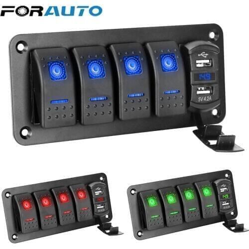 Dual USB Port 12V/24V Digital Voltmeter 4 Gang Toggle Rocker Switch For Car Marine Boat LED Switch Panel +Sticker