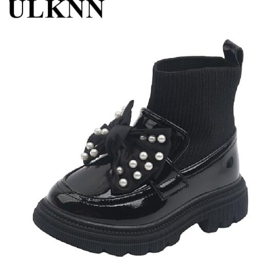 ULKNN Childrens Bow Pearl Princess Shoes Girls Fashion Boots British Style Kids Leather Shoes Baby Todder Knitted Boots New