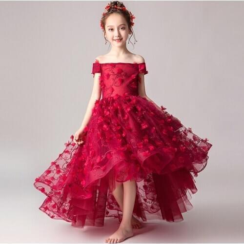 Flower Girl Wedding Net Yarn Applique One Shoulder Communion Evening Dress 2-10 Years Old Girl Princess Birthday Prom Communion