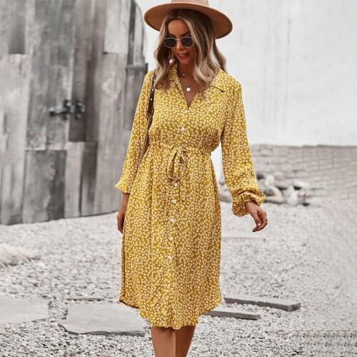 Jastie Bohemian Printed Dress 2021 Autumn and Winter V-Neck Long Sleeve Women Dresses Chic Belt A-Line Shirt Dress