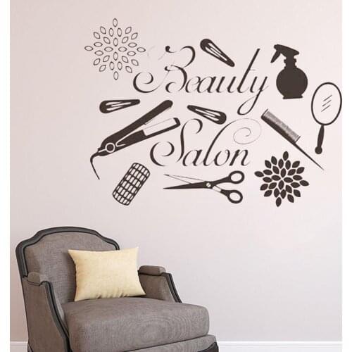 Beauty Salon Logo Wall Decal Hairdresser Tools Wall Sticker Make Up Vinyl Art Wall Stickers Vinyl Decals Removable FK-12