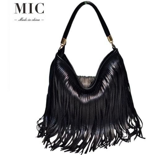 Fashion zipper high quality Solid color soft leather double side tassel bag portable womens bag single shoulder cross arm bag