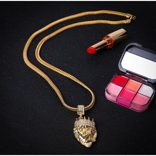 Mens Hip hop necklace Full Iced Out Rhinestone Lion Tag Pendant Cuban Chain Hip Hop Necklace