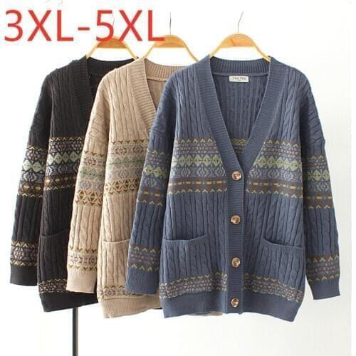 New ladies autumn winter plus size knit sweater jacket for women large long sleeve blue pocket button cardigan coat 3XL 4XL 5XL