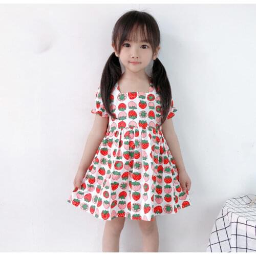 Toddler Kids Dresses 1-5 Year 2021 Summer New Sweet Girls Fruit Print Short-Sleeved Cotton Princess Dress Childrens Clothing