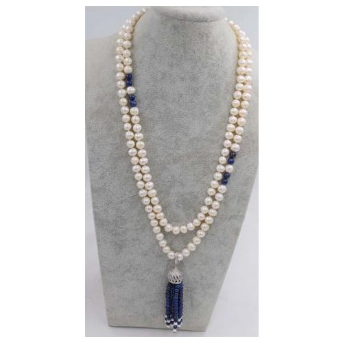 Freshwater pearl near round white and blue lapis lazuli tassel 8-9mm necklace wholesale beads 45inch nature unique clasp