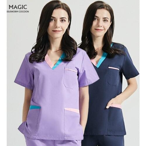 Personality stitching workwear Beauty Salon Worker Scrub Shirt Pet beauty salon Spa Uniform Scrub set V-neck Scrub tops uniform