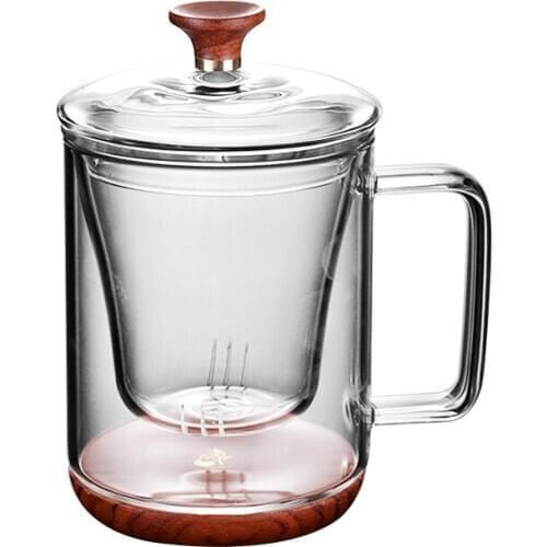 Wood-base heat-resistant filter glass household tea separation Office transparent glass bubble scented tea with cover handle