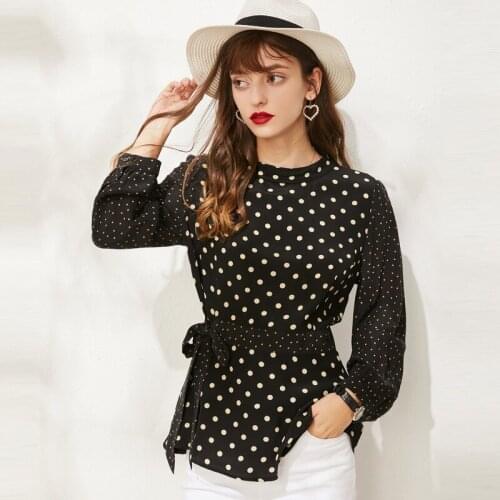 Polka Dot PURE Silk Top Long-sleeve T-shirt 100% Mulberry Silk Women Loose Fashion Tops M L XL Free Shipping