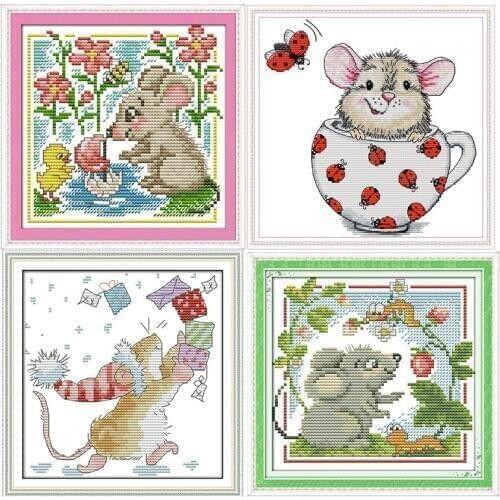 Embroidery Counted Cross Stitch kit Little Mouse Cross Stitch Fruit Painting 14ct 11ct Stamped Printed Needlework Set Joy Sunday