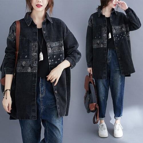2021 Spring Autumn Jackets Vintage Women All-Match Denim Coat New Tops Female Mid-Length Plus Size Casual Cardigan Print Outwear
