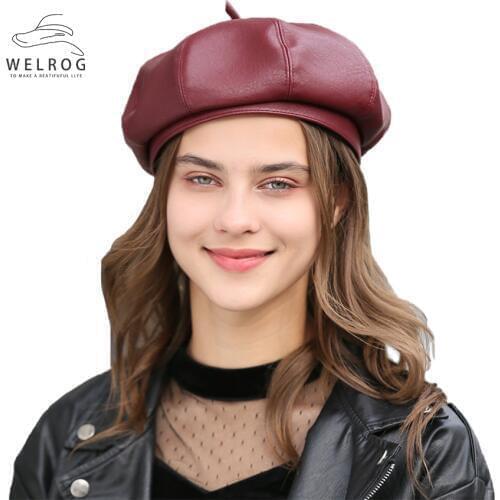 WELROG PU Leather Berets Spring British Octagonal Hat Women Girls Beanie Hat Solid Color Painter Hat Fashion Wild Newsboy Caps