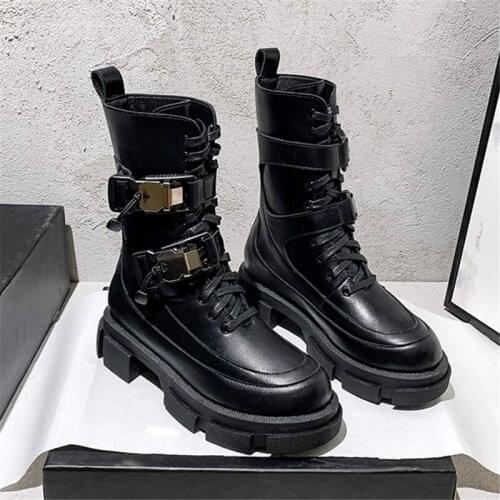 Spring Autumn Woman Ankle Boots Round Toe Buckle Decor Flat Platform Female Short Boots Square Heel Solid Black White Punk Style