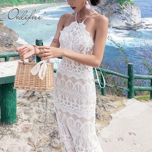 Ordifree 2021 Summer Women Long White Lace Dress Off Shoulder Halter Sleeveless Backless Lace Up Maxi Vacation Beach Dress