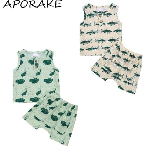 2021 0-18M Summer Infant Baby Boy Clothing Fish Print Sleeveless Button Top Vest+Shorts Harem Pants Cotton Outfits 2pcs Set