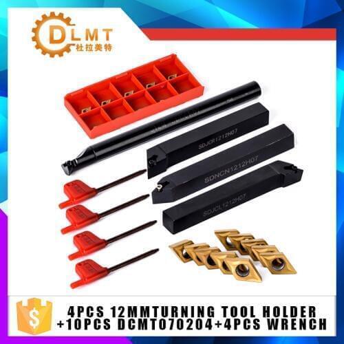 10pcs DCMT070204 Carbide Inserts+4Pcs12mm Turning Tool Holder Lathe Boring Bar +4pcs Wrench