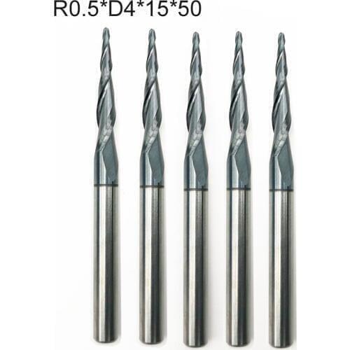10pcs/lot R0.5xD4x15x50mm hrc55Tungsten Solid Carbide Ball Nose Tapered End Mill Router Bits cnc Taper Wood Metal Milling Cutter