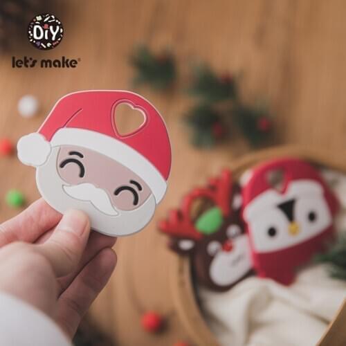Lets Make 10PCS Christmas Silicone Teether Santa Claus Elk Penguin Teether Baby Necklace DIY Accessory Food Grade