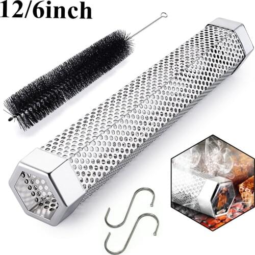 12/6Inch Stainless Steel BBQ Smoker Tube Hexagonal BBQ Smoker Generator Grill Hot Cold Smoking Mesh Barbecue Kitchen Accessories