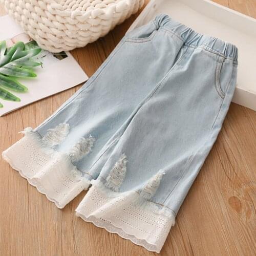 2021 Summer Spring Autumn 3 4 6-12 Years Children Wide-Leg Capri Cropped Elastic Washed Lace Hole Denim Jeans For Baby Kids Girl