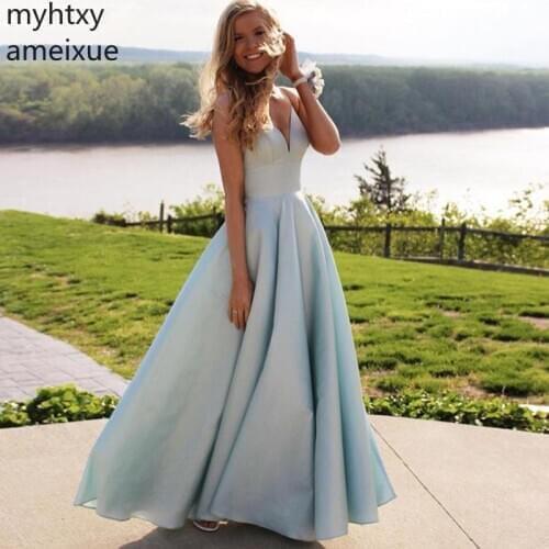 Plus Size Straps Vestidos De Graduacion Simple Sky Blue V-neck Satin Vestido Formatura Long Evening Party Formal Prom Dresses