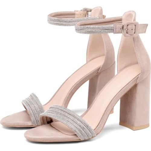 One line diamond womens shoes 2021 spring and summer new square heel round head party commuting solid color sandals
