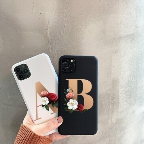 The Letter Alphabet Flowers Black Silicone TPU Phone Case for iPhone XR XS MAX 6 7 8 plus 12mini SE 11PRO 12pro MAX Phone Cover