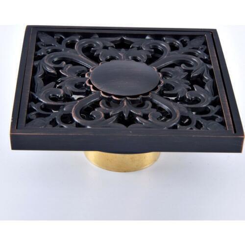 Black Oil Rubbed Bronze Carved Flower Pattern Bathroom Shower Drain 4" Square Floor Drain Waste Grates ahr086