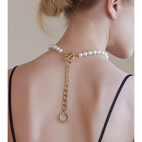 Brass With 18K Gold Real Pearl Long Chain Toggle Necklaces Runway T Show Party Designer Gown Top Gothic Ins Japan Korean Trendy