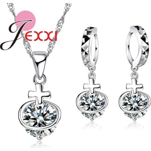 Elegant Women Cubic Zircon Jewelry Sets 925 Sterling Silver Austrian crystal Cross Necklace Earring Engagement Accessories