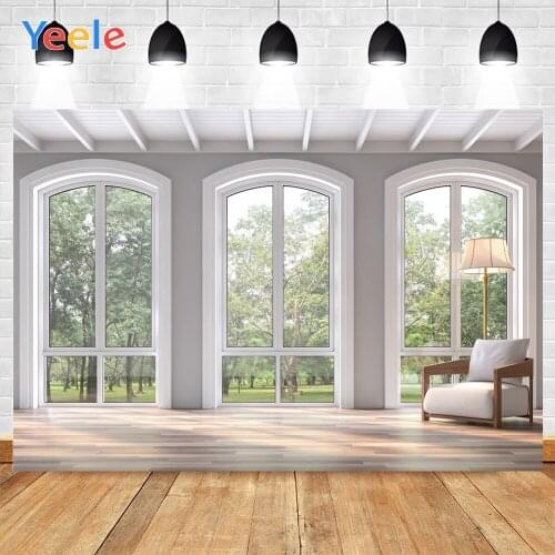 Yeele Indoor White Sofa Window Farm Sunshine Green Tree Background Photophone Photography Backdrop for Decor Customized Size