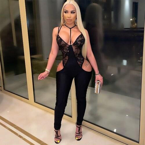 Sexy Black Lace Patchwork Jumpsuit Women See Through V Neck Sling Hollow Out Leggings Bodycon Rompers Night Club Party Outfits