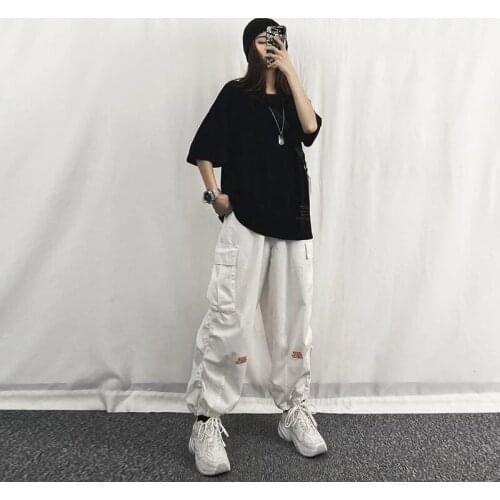 Japanese Overalls Female Harajuku White Wide Leg Pants Female Hippie Loose High Waist Casual Trousers Plus Size Streetwear