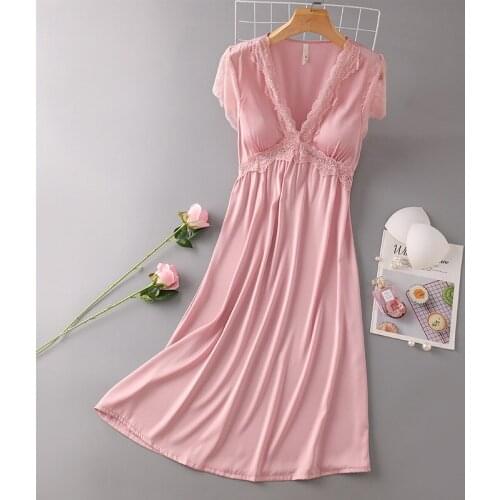 Summer New Satin Sleepwear For Women Long Nightdress Lace Patchwork Sleep Dress V-neck Nightgown Intimate Lingerie Home Clothes