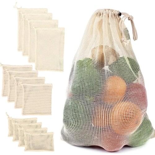 Reusable Organic Cotton Produce Bags Cotton Mesh Bags Biodegradable Eco-Friendly Shopping Storage Bag for Fruit Vegetable Toys
