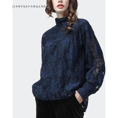 Fashion Spliced Ladies Lace Top Long Sleeve Blouses 2020 Autumn New Hollow Out Floral Design Loose O-Neck Plus Size Pull On Tops