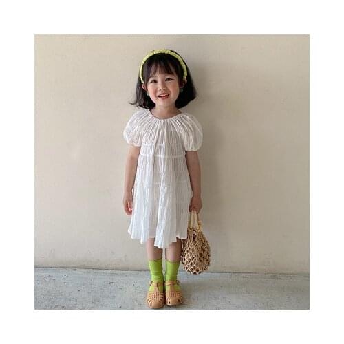 2021 Summer New Korean Style Pleated Girls Dress Kids Backless Bowknot Cotton Cute Dresses Baby Girl Clothes Short Sleeve Dress